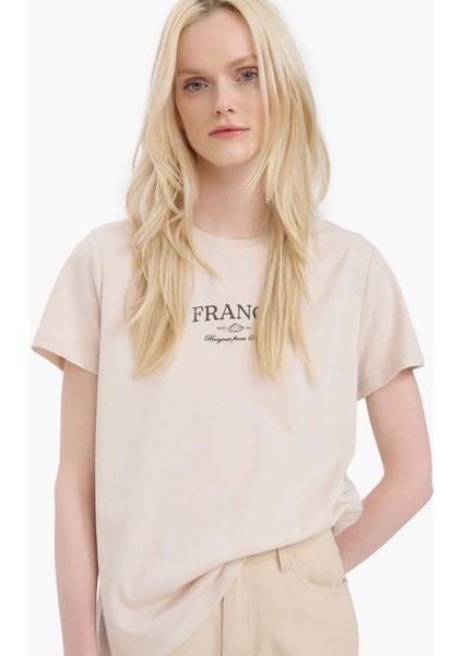 Relax Fit Bisiklet Yaka Baskılı Penye Kısa Kollu Tişört E5538AX25SM