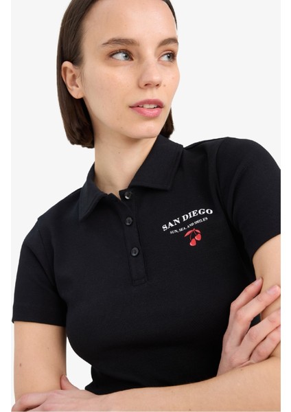 Coool Fitted Polo Yaka Baskılı Ribana Kısa Kollu Siyah Tişört D1095AX25SM indirimleri