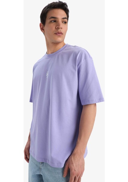 %100 Pamuk Oversize Geniş Kalıp Bisiklet Yaka Baskılı Kısa Kollu Tişört C2134AX25SM