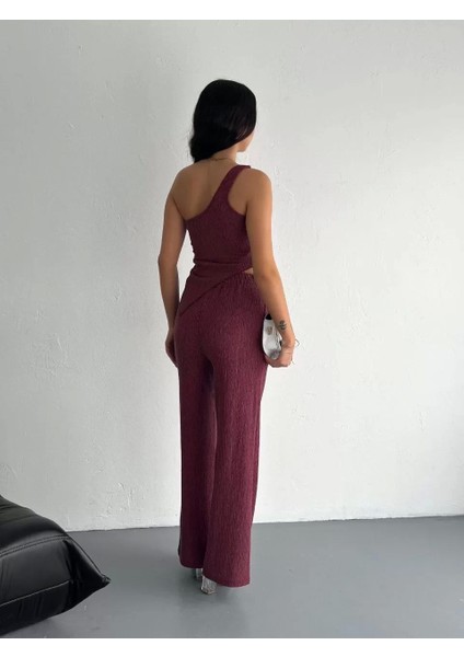 Asimetrik Crop Pantalon Ikili Takım - Gül Kurusu