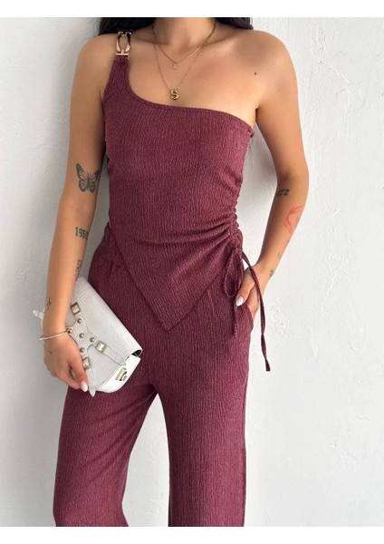 Asimetrik Crop Pantalon Ikili Takım - Gül Kurusu