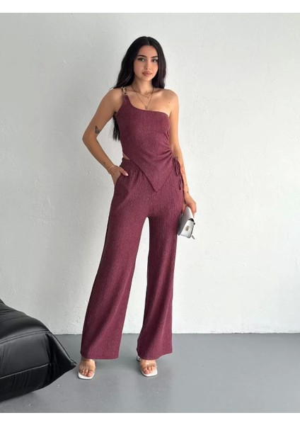 Asimetrik Crop Pantalon Ikili Takım - Gül Kurusu