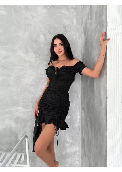 Göğüs Bağlamalı Mini Elbise - Siyah