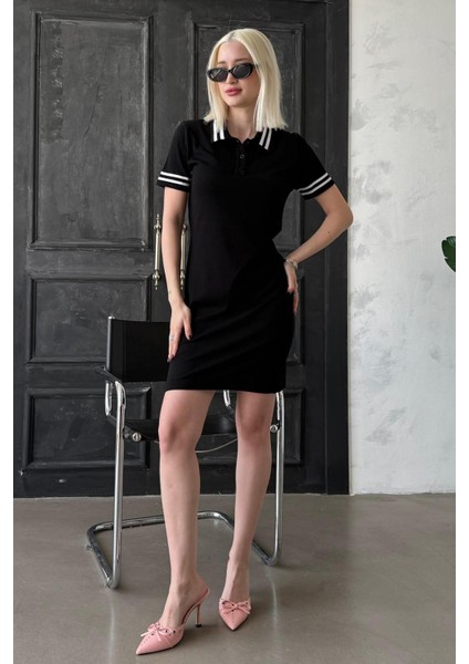 Siyah Polo Yaka Şerit Detaylı Kadın Elbise MG2344