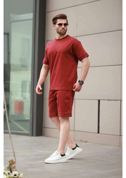 Bordo Baskılı %100 Pamuklu Erkek Şort Tişört Takım E7312