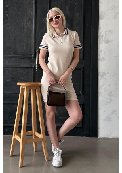 Bej Polo Yaka Şerit Detaylı Kadın Elbise MG2344 fırsatları