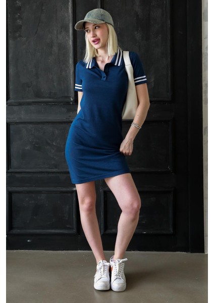 Lacivert Polo Yaka Şerit Detaylı Kadın Elbise MG2344 fırsatları