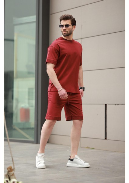 Bordo Baskılı %100 Pamuklu Erkek Şort Tişört Takım E7312 fiyatları