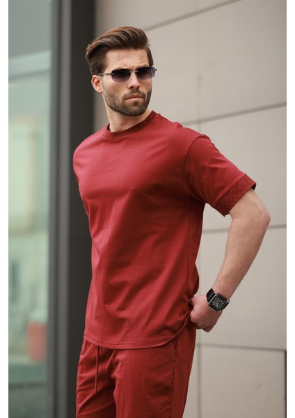Bordo Baskılı %100 Pamuklu Erkek Şort Tişört Takım E7312 modelleri