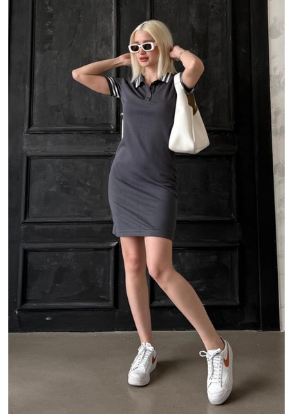 Füme Polo Yaka Şerit Detaylı Kadın Elbise MG2344 modelleri