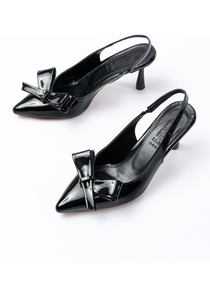 İNF-4501 Siyah Rugan Günlük Arkası Açık Fiyonklu Topuklu Bayan Ayakkabı modelleri