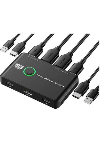 4K HDMI Kvm Switch 2 Port USB 2 Pc Tek Kasa Klavye Mouse Kontrol Çoklayıcı