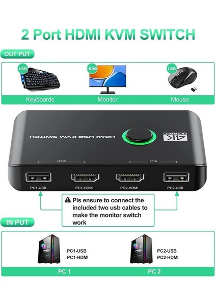 4K HDMI Kvm Switch 2 Port USB 2 Pc Tek Kasa Klavye Mouse Kontrol Çoklayıcı