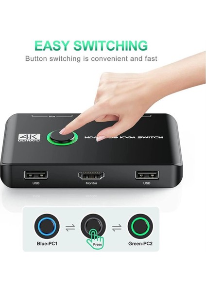 4K HDMI Kvm Switch 2 Port USB 2 Pc Tek Kasa Klavye Mouse Kontrol Çoklayıcı