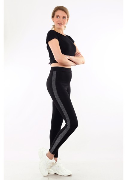 Yüksek Bel Parlak Gümüş Simli Şeritli Kadın Tayt 4010G