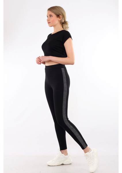 Yüksek Bel Parlak Gümüş Simli Şeritli Kadın Tayt 4010G modelleri