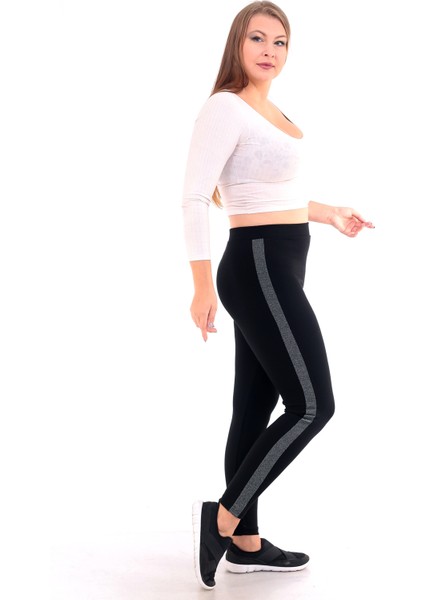 Yüksek Bel Parlak Gümüş Simli Şeritli Kadın Tayt 4010G indirimleri