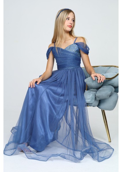 Kız Çocuk Parlak Sim ve Payet Detaylı Uzun Abiye ELBISE-ABY-0013