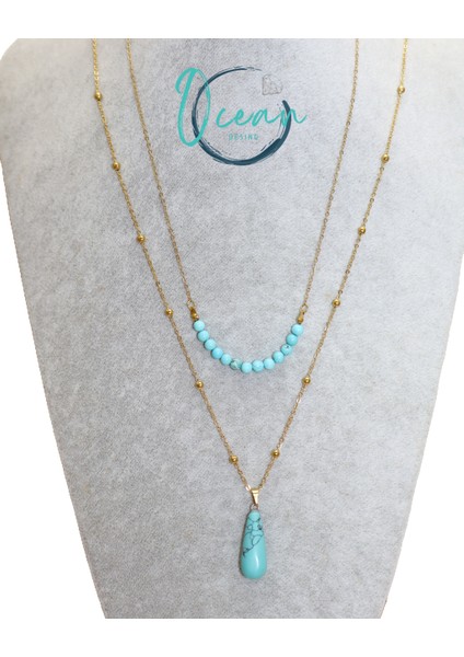 Özel Tasarım Orijinal Turkuvaz Taşlı Gold Çelik Zincir Kolye Seti fiyatları