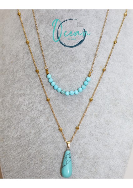 Özel Tasarım Orijinal Turkuvaz Taşlı Gold Çelik Zincir Kolye Seti modelleri