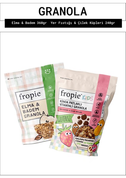 Elma Badem ve Kids Yer Fıstığı Çilek Küpleri Granola Paketi X2