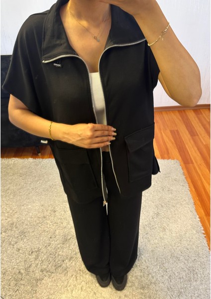 Siyah Bel Lastik Detaylı Yelekli Modal Takım modelleri