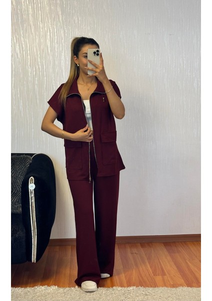Bordo Bel Lastik Detaylı Yelekli Modal Takım