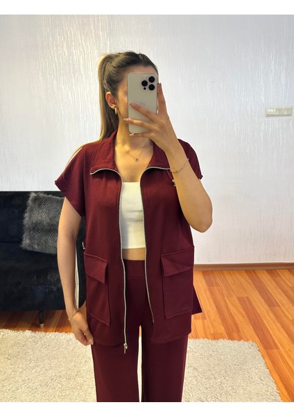 Bordo Bel Lastik Detaylı Yelekli Modal Takım fiyatları