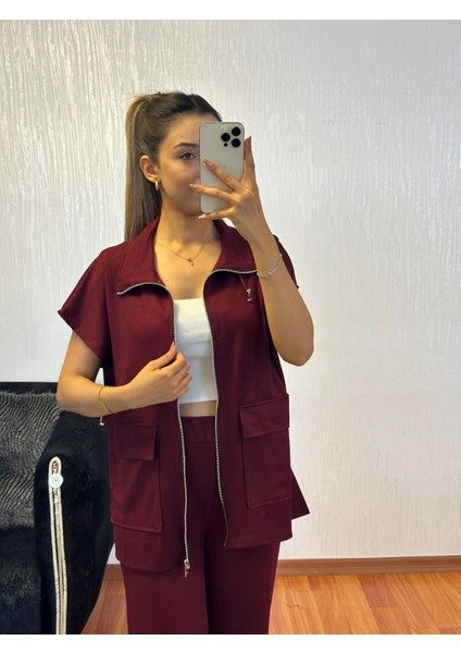 Bordo Bel Lastik Detaylı Yelekli Modal Takım indirimleri