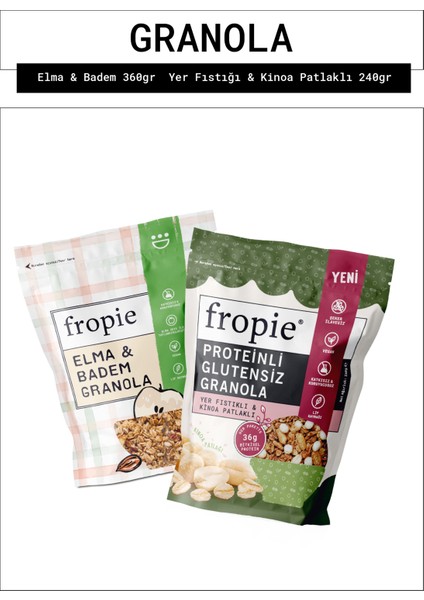 Elma Badem ve Proteinli Glutensiz Yer Fıstıklı Kinoa Patlaklı Granola Paketi X2