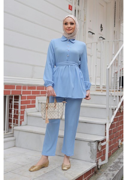 Taş Düğme Detaylı Takım Bebe Mavisi