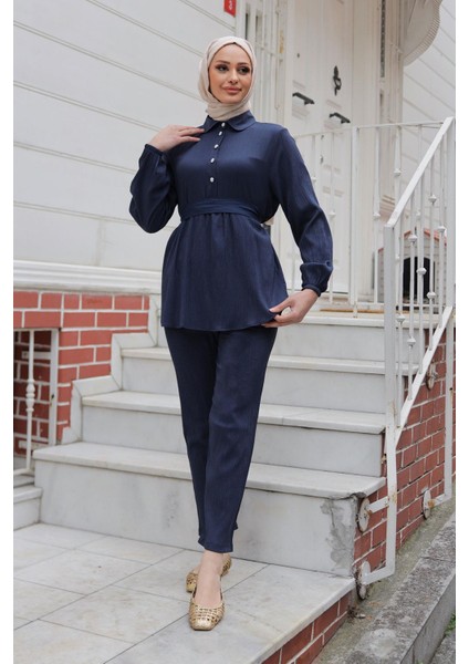 Taş Düğme Detaylı Takım Lacivert modelleri