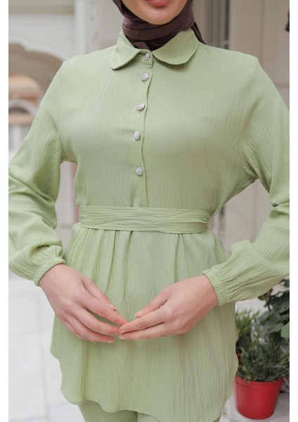 Taş Düğme Detaylı Takım Mint Yeşili indirimleri