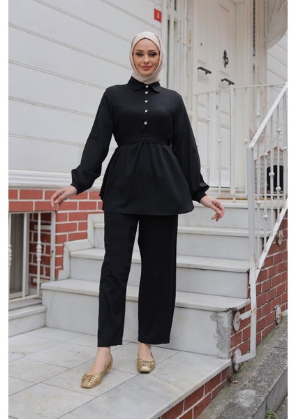 Taş Düğme Detaylı Takım Siyah