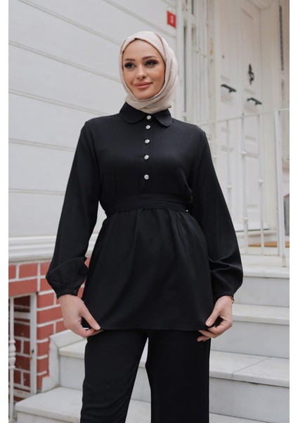 Taş Düğme Detaylı Takım Siyah modelleri