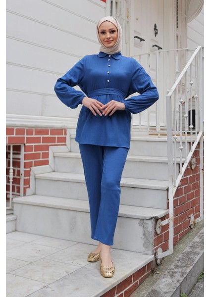 Taş Düğme Detaylı Takım Indigo