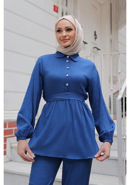 Taş Düğme Detaylı Takım Indigo fiyatları