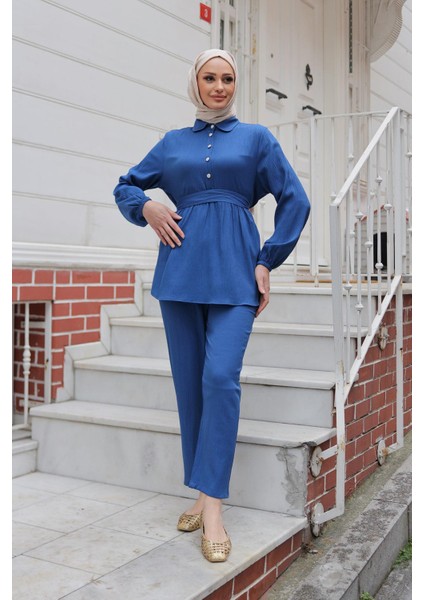 Taş Düğme Detaylı Takım Indigo modelleri