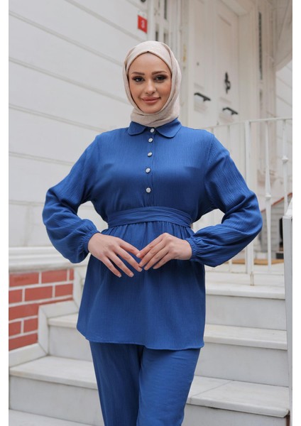 Taş Düğme Detaylı Takım Indigo fırsatları