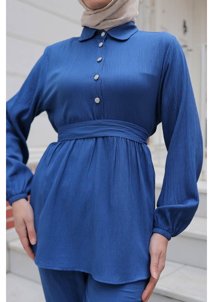 Taş Düğme Detaylı Takım Indigo indirimleri