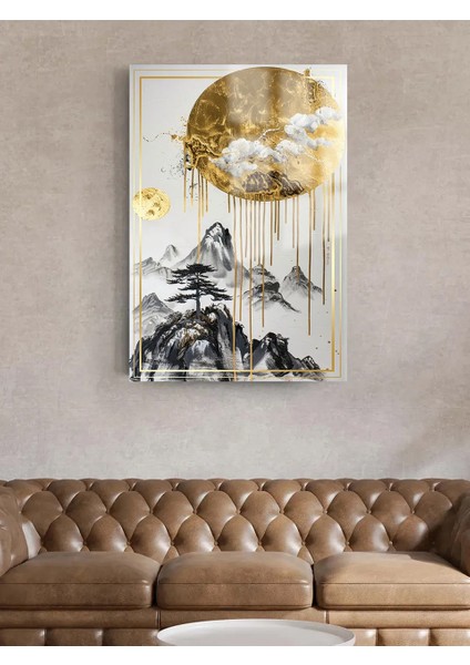 Gold Detaylarla Dolu Beyaz Dikey Oturma Odası Tablosu Ev Hediyesi Kırılmaz Lüks Modern Cam Tablo
