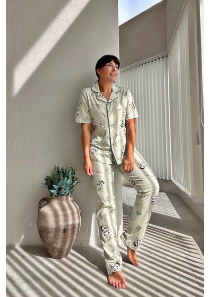 Panda Desenli Yeşil Pijama Takımı