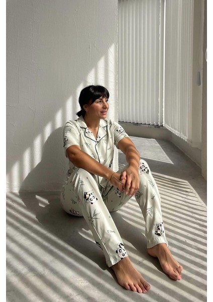 Panda Desenli Yeşil Pijama Takımı