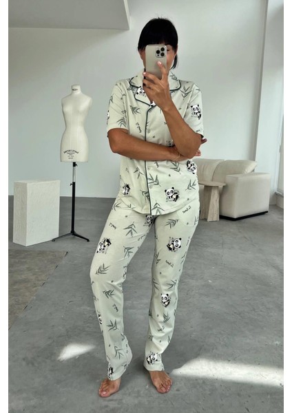 Panda Desenli Yeşil Pijama Takımı