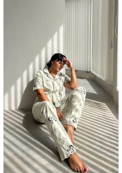 Panda Desenli Yeşil Pijama Takımı