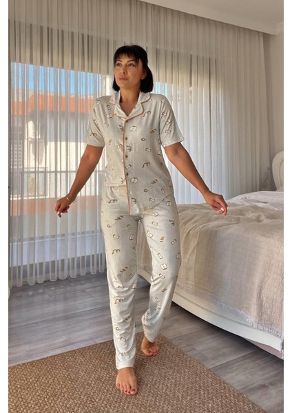 Elma Desenli Gri Pijama Takımı