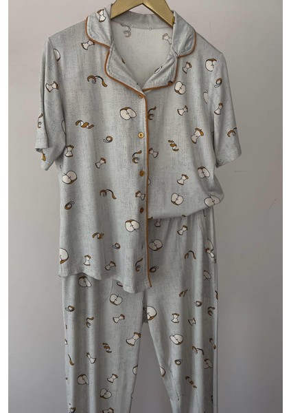 Elma Desenli Gri Pijama Takımı