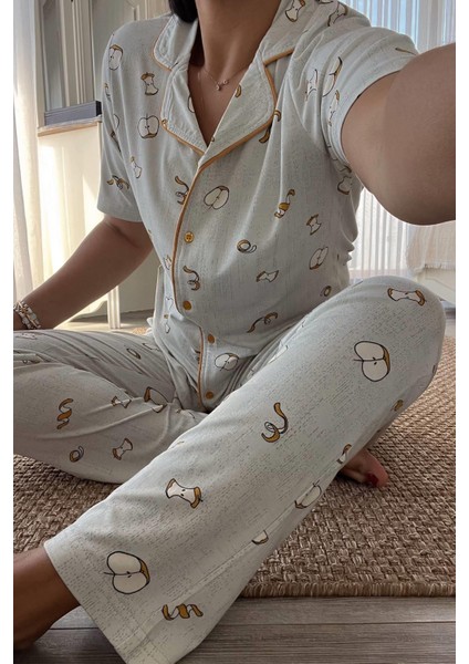 Elma Desenli Gri Pijama Takımı