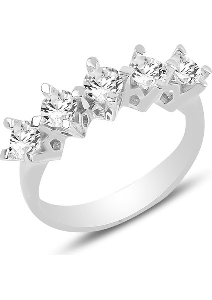 Gümüş Star Kesim Beş Taşlı Çapraz Pırlanta Modeli Yüzük