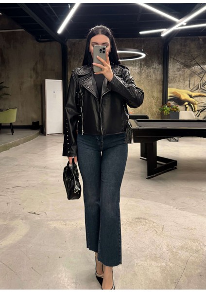 Astera Zımba Detay Deri Ceket Siyah